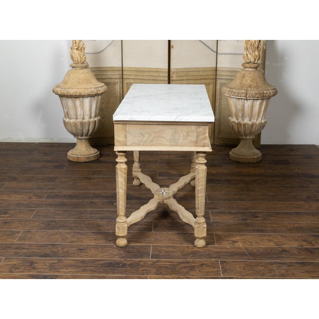 19th Century, Bleached Walnut Console Table with White Marble Top, Faceted Legs For Sale - Image 9 of 12