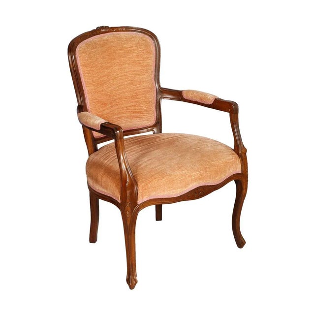 Italian Venetian Early 20th Century Art Nouveau armchairs in hand carved Walnut, polished with wax. Original antique pink...