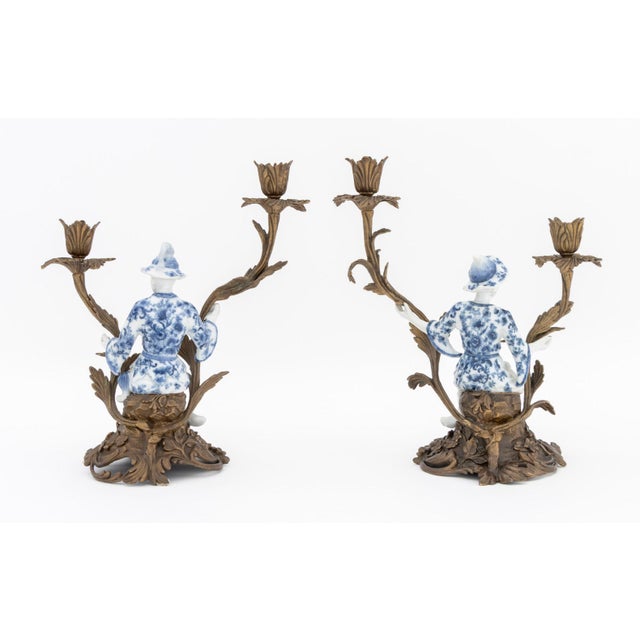 Brass Chinoiserie Porcelain and Brass Candlesticks, Pair For Sale - Image 8 of 9