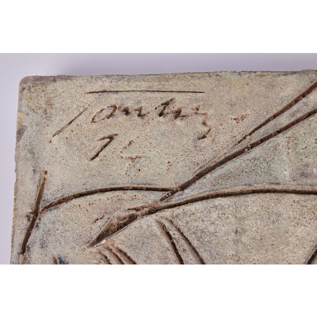 A solid, 1974 abstract, incised glazed ceramic plaque by listed Italian artist, Marcello Fantoni (1915-2011). Select...