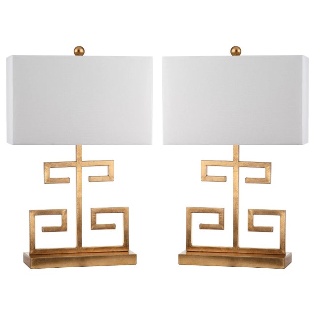 Metal Greek Key 25 Inch H Table Lamp in Gold - a Pair For Sale - Image 7 of 7