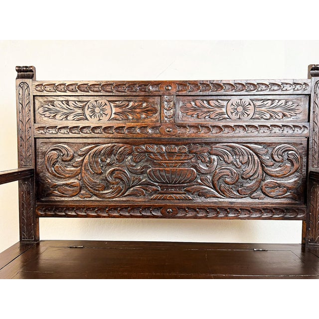 Wood Antique French Normandy Carved Oak Bench Chest For Sale - Image 7 of 11
