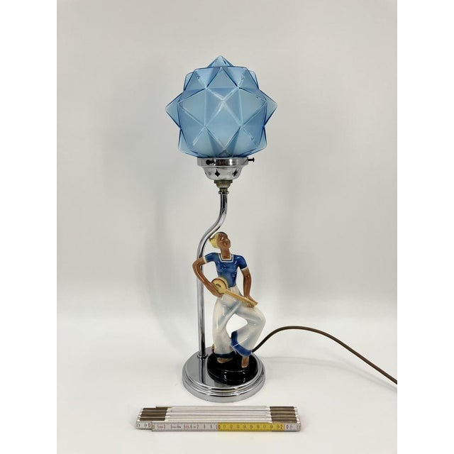 Art Deco Table Lamp with Glazed Ceramic Figure of Matrosine with a Star-Shaped Lamp Glass in Blue, Germany, 1930s For Sale - Image 5 of 18