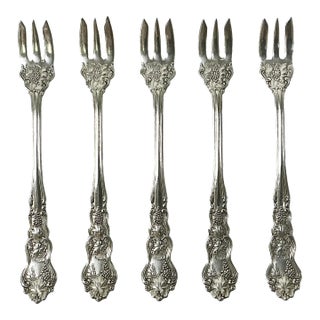 1940s Vintage Hollywood Regency English Chippendale Silverplate Seafood Forks - Set of 5 For Sale
