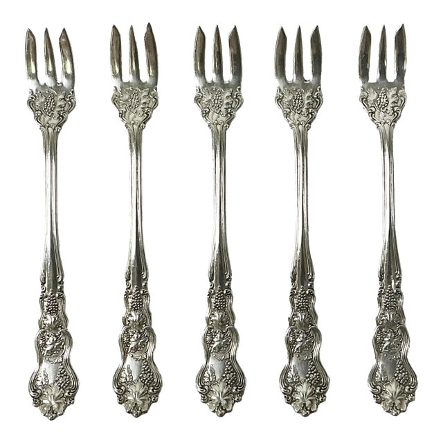 1940s Vintage Hollywood Regency English Chippendale Silverplate Seafood Forks - Set of 5 For Sale