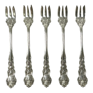 1940s Vintage Hollywood Regency English Chippendale Silverplate Seafood Forks - Set of 5