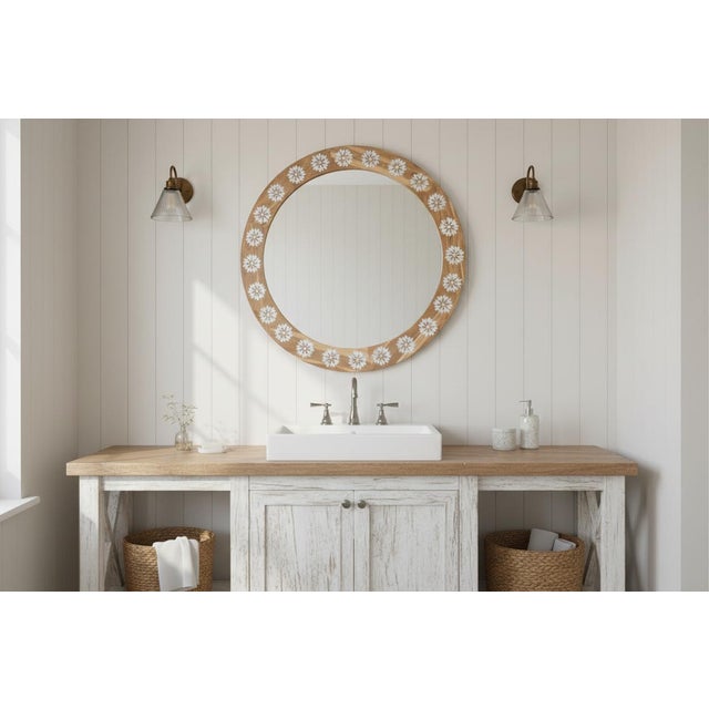 This beautiful boho modern mirror would be a staple in any home. Our blossom mother of pearl inlay collection is inspired...
