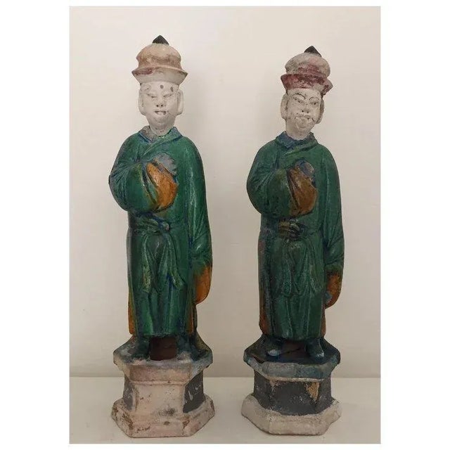 Ceramic Tall Pair Antique Chinese Ming Style Glazed Pottery Tomb Figures of Grooms With Removable Heads For Sale - Image 7 of 10