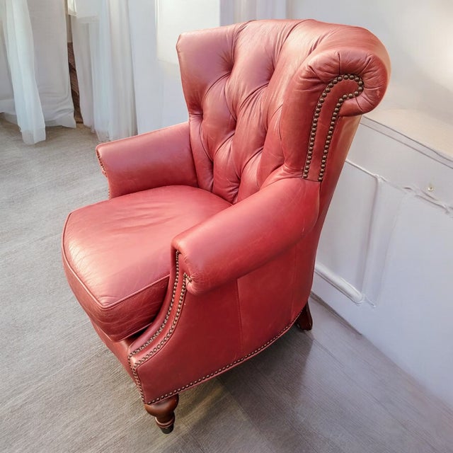 A Timeless Classic: The Vintage Chesterfield Genuine Leather Wingback Chair by Largo For Sale In Raleigh - Image 6 of 12