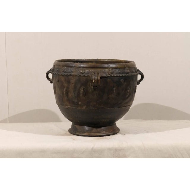 Rustic Antique Brown-Black Colored Clay Jar with Four Handles & Decorative Motifs For Sale - Image 3 of 10