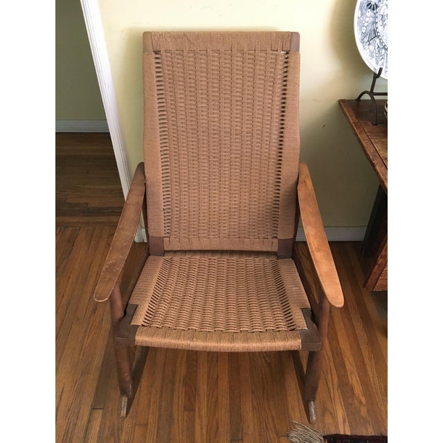 Mid-Century Modern Hans Wegner Style Rope Seat Rocking Chair | Chairish