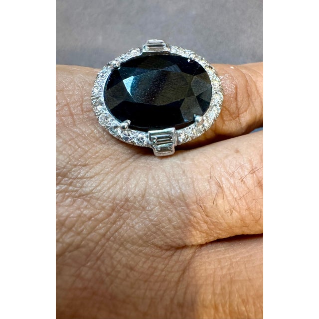 10.96 Ct Mid Night Blue Sapphire & 1 Ct Diamond Cocktail Ring, Platinum, Estate For Sale - Image 4 of 18