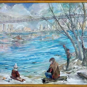E. Case -Children at Play at Park Over the Brooklyn Bridge-Monumental Oil Painting