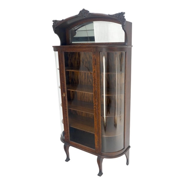 Carved Oak Mirrored Gallery Top Curved Glass Display Curio Showcase Cabinet For Sale