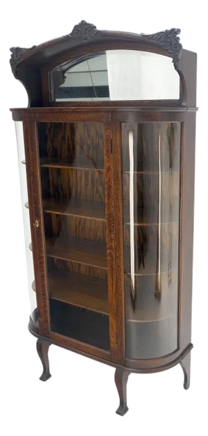 Carved Oak Mirrored Gallery Top Curved Glass Display Curio Showcase Cabinet