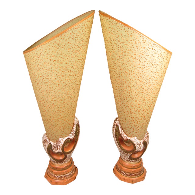 Pair Mid 20th Century Howard Kron Pottery Lamps and Shades For Sale