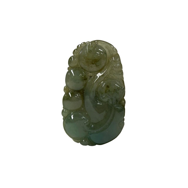 1970s Chinese Green White Stone Carved Drop Scroll Pendant Display Art For Sale - Image 5 of 6