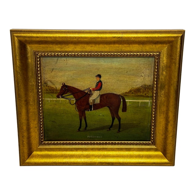 English Oil Painting of Racehorse Persimmon With Jockey Jack Watts, Royal Thoroughbred Portrait Circa 1898 in the Manner of John Frederick Herring Sr. For Sale