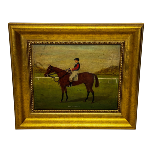 English Oil Painting of Racehorse Persimmon With Jockey Jack Watts, Royal Thoroughbred Portrait Circa 1898 in the Manner of John Frederick Herring Sr.
