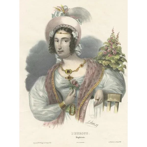 Antique print titled 'L'Europe - Euphémie'. Beautiful lithograph of a European costume. Lithographed by Lemercier, circa...