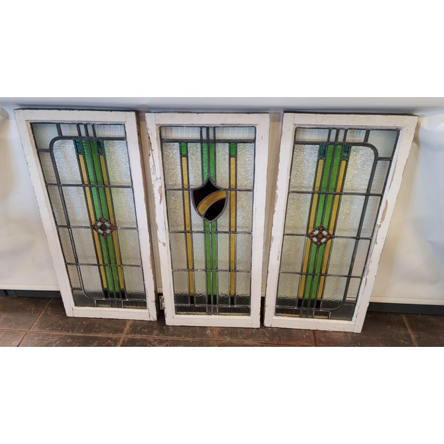 Antique Set of Three Stained Glass Windows Victorian Deco For Sale - Image 10 of 11
