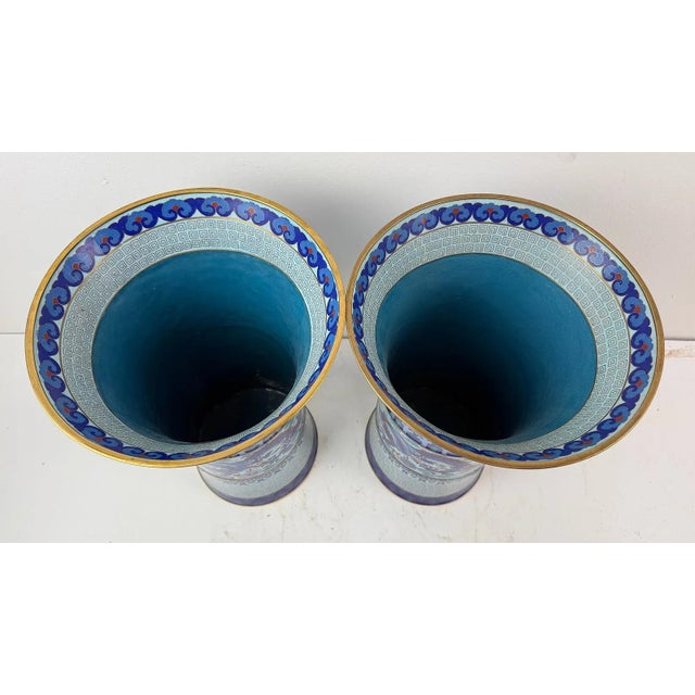 Metal Pair of Chinese Cloisonne Enamel Trumpet Form Vases Blue Dragon Motif For Sale - Image 7 of 10