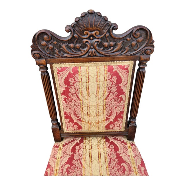 Pair 19th Century Victorian Oak Chairs Carved Back Red Gold Upholstery Dining Hall For Sale - Image 14 of 15