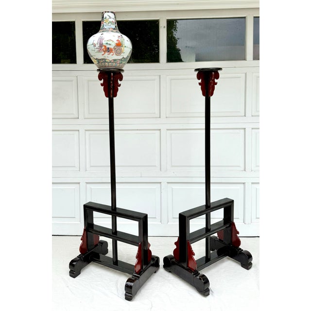 Pair of Antique Chinese Shanxi Elmwood Lantern Stands With Black Lacquer and Red Accents For Sale - Image 10 of 10