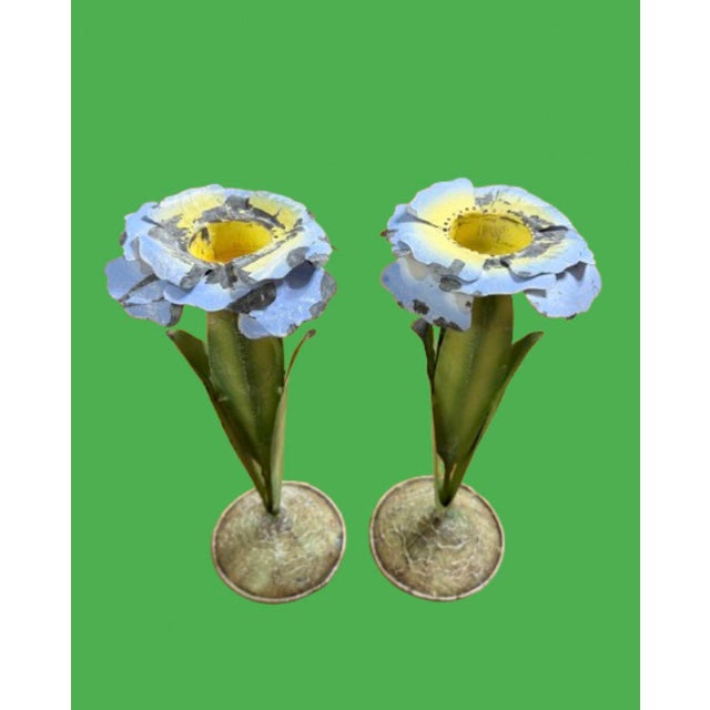 Hollywood Regency Mid 20th Century Italian Tole Flowers Botanical Candle Holders, a Pair For Sale - Image 4 of 9