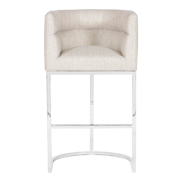 Emmett Bar Stool in Index Porcelain with Polished Nickel Barrel Base For Sale