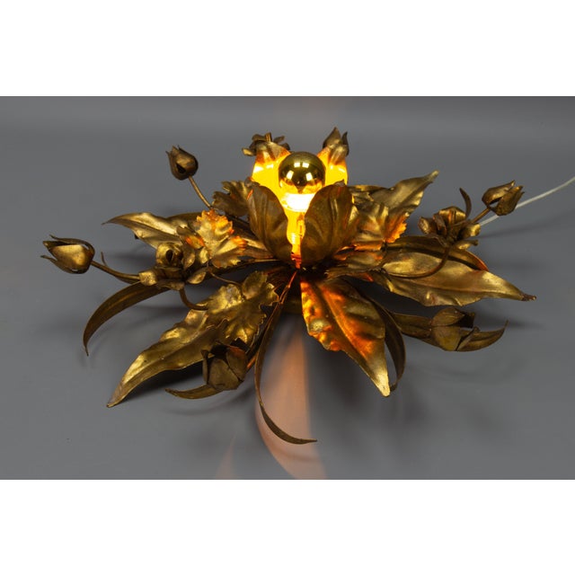 Hollywood Regency Gilt Metal Flower Shaped Flush Mount, 1970s For Sale - Image 9 of 16