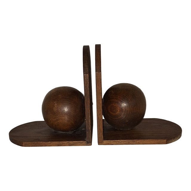 Art Deco Bookends with Oak Angles and Brown Maple Balls, 1930s, Set of 2 For Sale