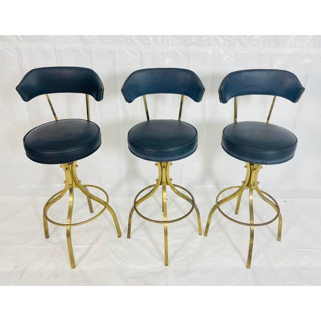 Brass Set of 3 Attributed to Charles Hollis Jones “Sinatra” Solid Brass Swivel Bar Stools, Usa 1960's For Sale - Image 8 of 18