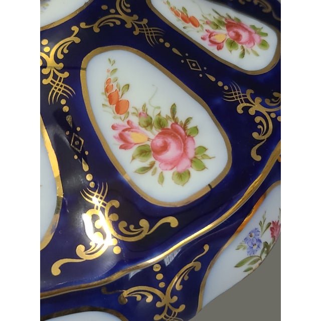 French Vintage Cobalt Blue Fine Porcelain Hand Painted Floral Roses Gilded Covered Dish For Sale - Image 3 of 7