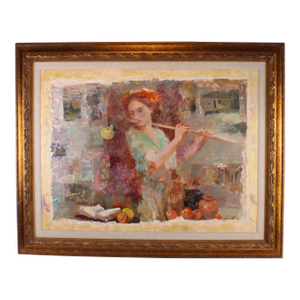 "Soft Melody" Woman Playing Flute Mixed Media Oil Painting Signed Hua Chen