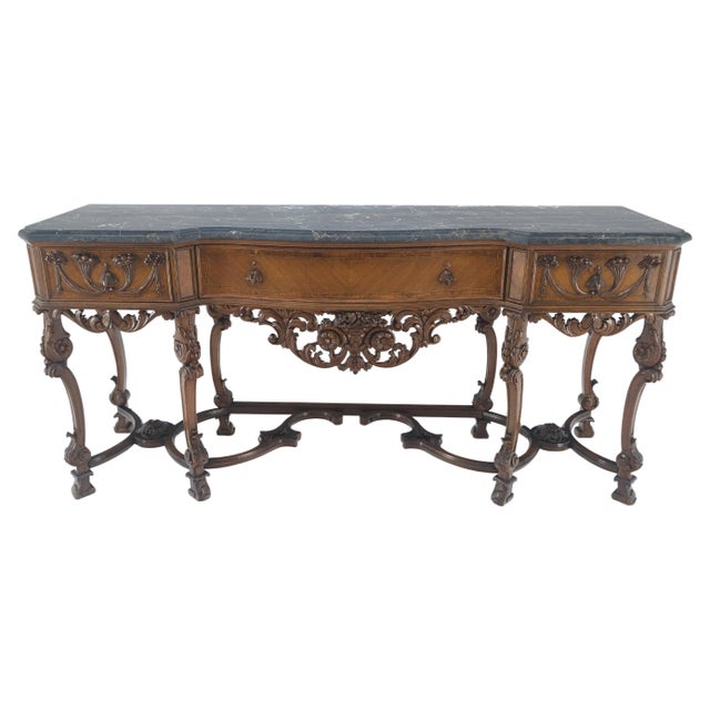 Early 20th Century Antique Dovetailed Inlaid Carved Walnut Marble Top SideBoard Server Buffet For Sale - Image 5 of 12