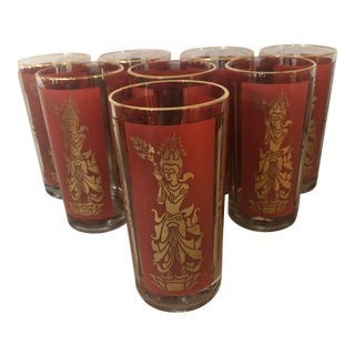 Mid-Century Federal Glass Red & Gold Thai Siam Dancer Motif Highballs - Set of 8 For Sale