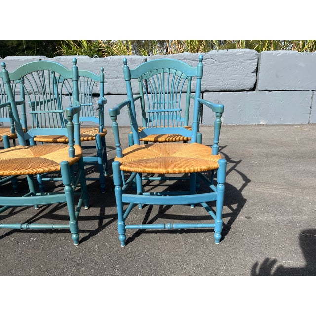 Aqua 1980s Set of Eight Country French Wheat Sheaf Back Chairs, Rush For Sale - Image 8 of 17