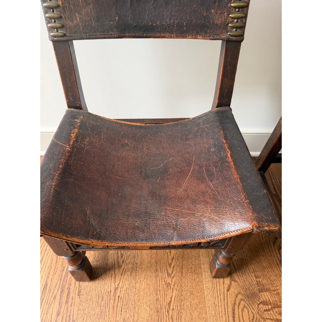 Early 20th Century Spanish Baroque Revival Oak and Leather Side Chairs, a Pair For Sale - Image 10 of 14