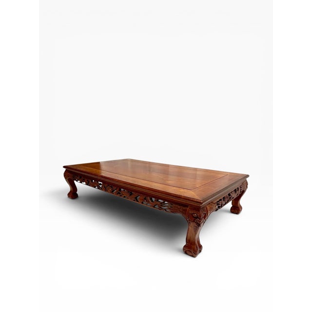 Chinese Mid-20th Century Chinese Low Table With Carved Dragons and Phoenix Motifs – Attributed Rosewood For Sale - Image 3 of 13