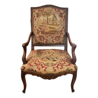 Antique French Louis XV Rococo Revival Walnut Fauteuil With Original Needlepoint Petit Point Upholstery, Circa 1880 For Sale