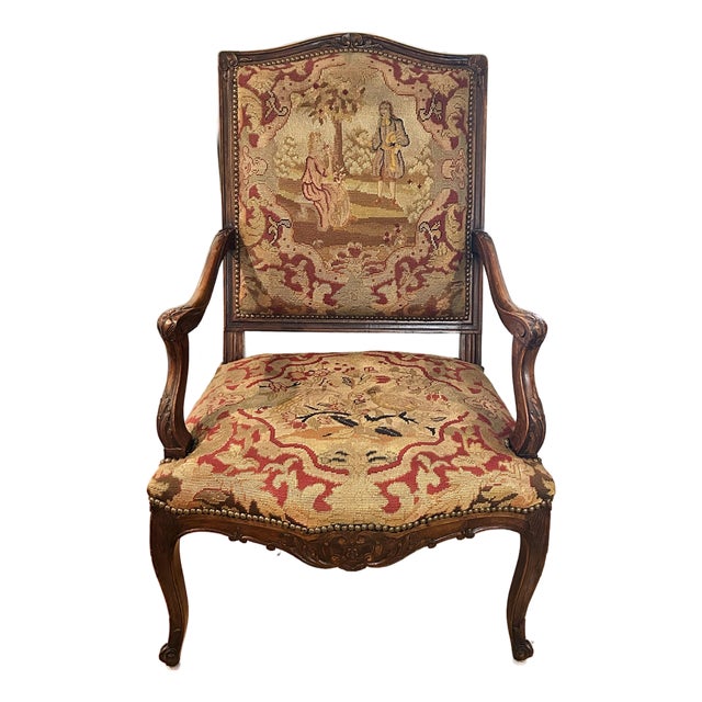 Antique French Louis XV Rococo Revival Walnut Fauteuil With Original Needlepoint Petit Point Upholstery, Circa 1880 For Sale