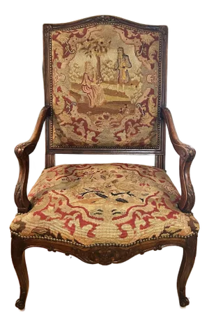 Antique French Louis XV Rococo Revival Walnut Fauteuil With Original Needlepoint Petit Point Upholstery, Circa 1880