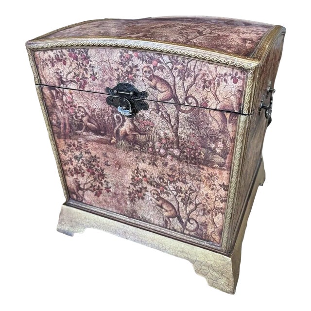 Vintage Monkey Themed Velvet Lined Sewing or Storage Caddy Chest For Sale