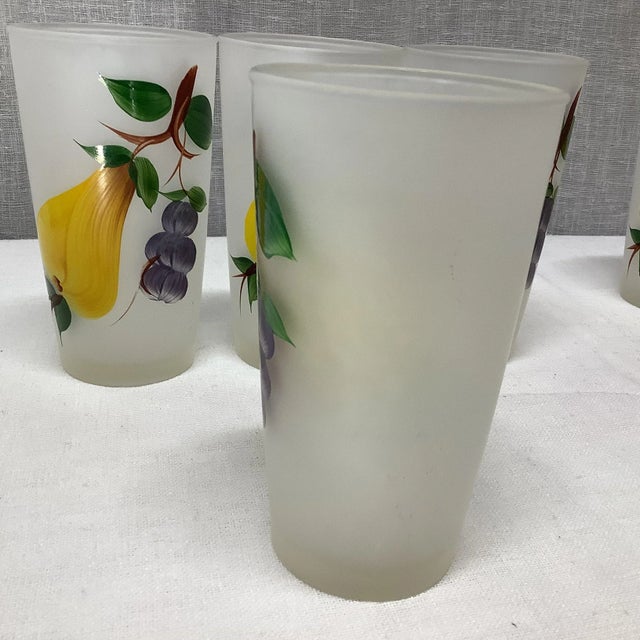 Mid 20th Century Mid-Century Hazel Atlas Frosted Hand Painted Pear and Grape Glasses - Set of 6 For Sale - Image 5 of 11