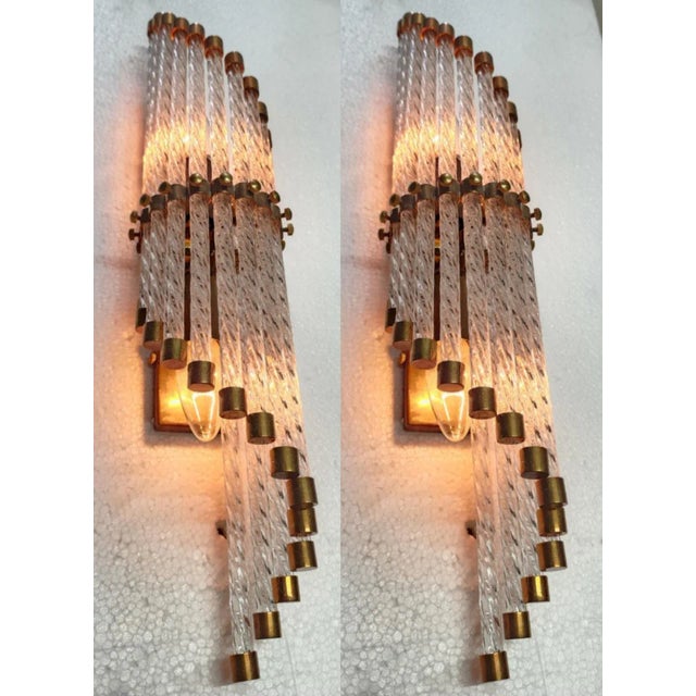 Art Deco Pair Vintage Art Deco Skyscraper Wall Sconces Fixture in Brass & Ribbed Glass Rod Ship Light For Sale - Image 3 of 7