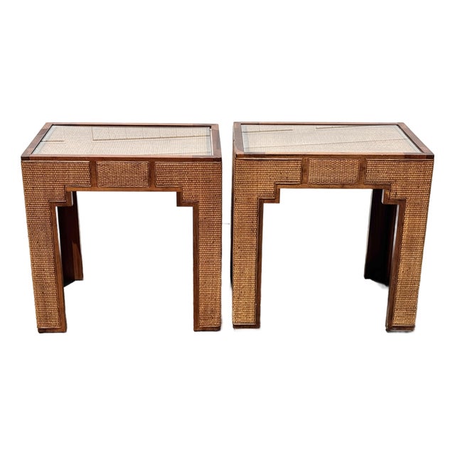 MCM Harrison Van Horn Style Woven Rattan Parsons Side Tables - A Pair For Sale