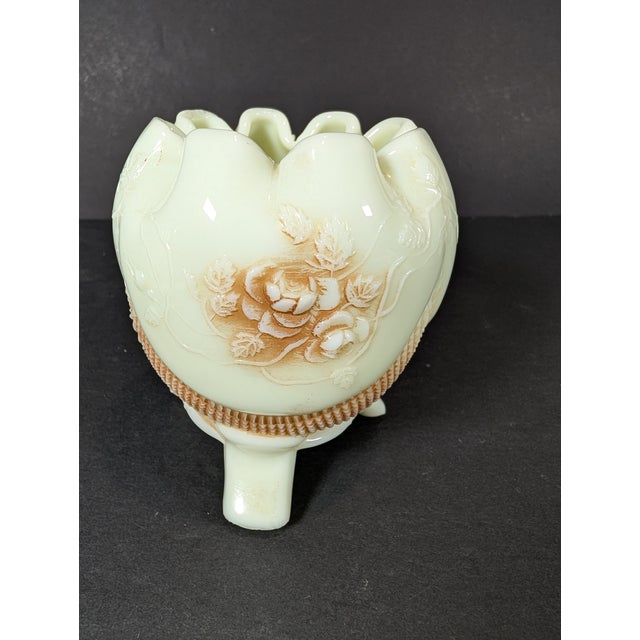 Antique Uranium Custard Glass, Northwood Fine Cut Roses Rose Bowl, With Nutmeg Stain, Glows, 1908 For Sale In Nashville - Image 6 of 11
