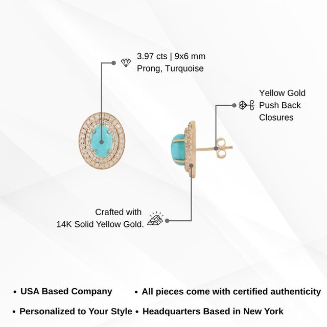 3.97Carat Turquoise & Diamond Double Halo Statement Earrings in 14k Gold- A Pair For Sale - Image 11 of 14