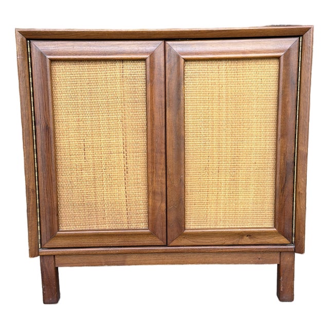 American of Martinsville Wonderwood Walnut & Cane Cabinet / Nightstand For Sale